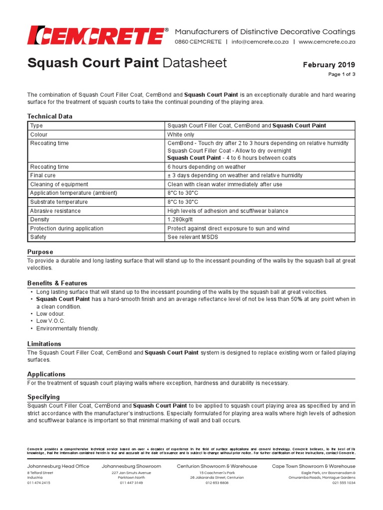 Squash Court Paint Datasheet PDF Paint Plaster