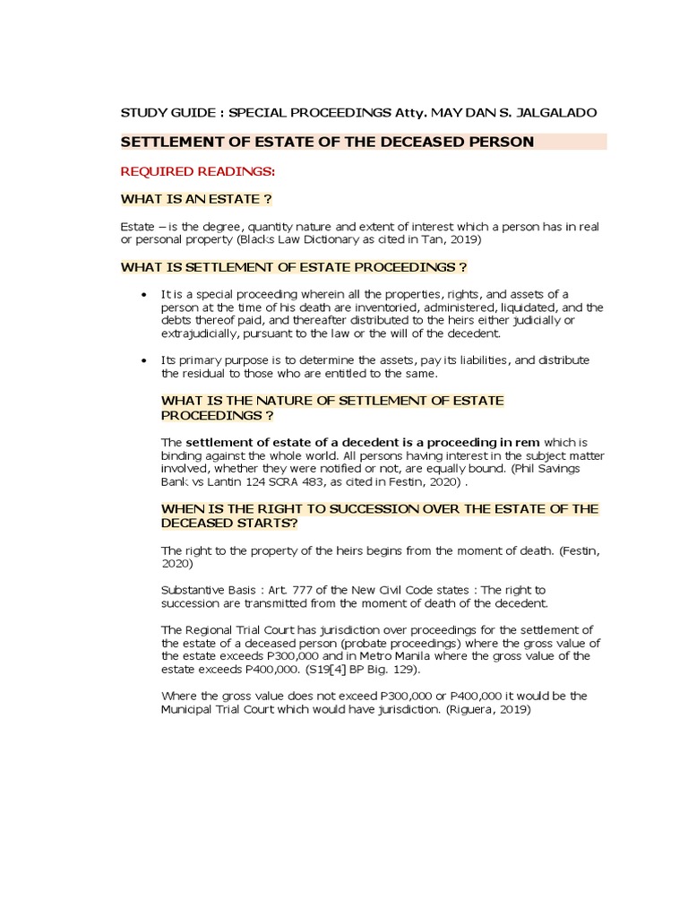 Settlement of Estate of The Deceased Person Required Readings PDF