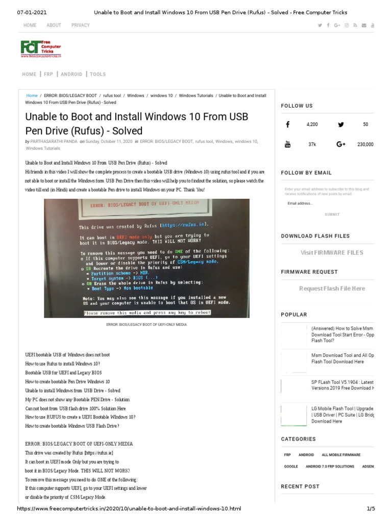 Unable To Boot and Install Windows 10 From USB Pen Drive (Rufus