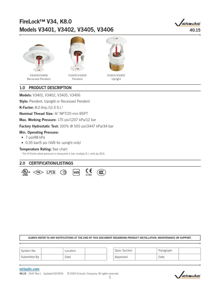 Firelock™ V34, K8.0 Models V3401, V3402, V3405, V3406: 1.0 Product ...