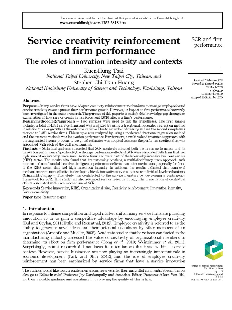 Service Creativity Reinforcement and Firm Performance The Roles of ...