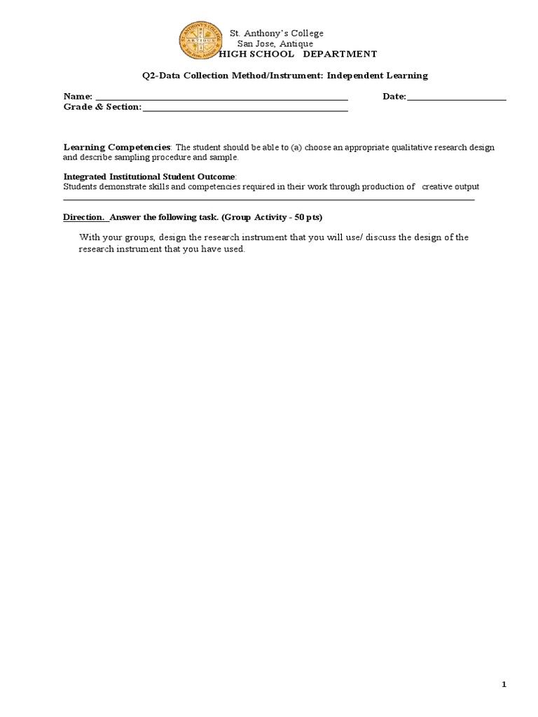 Q2Data Collection Method/Instrument Independent Learning Name Date Grade & Section PDF
