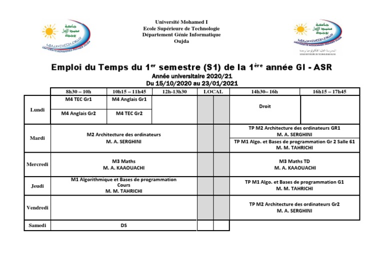 Emploi du Temps S1 Génie Informatique | PDF