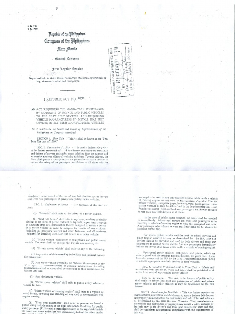 Republic Act No. 8750 Seat Belt Use Act of 1999 PDF