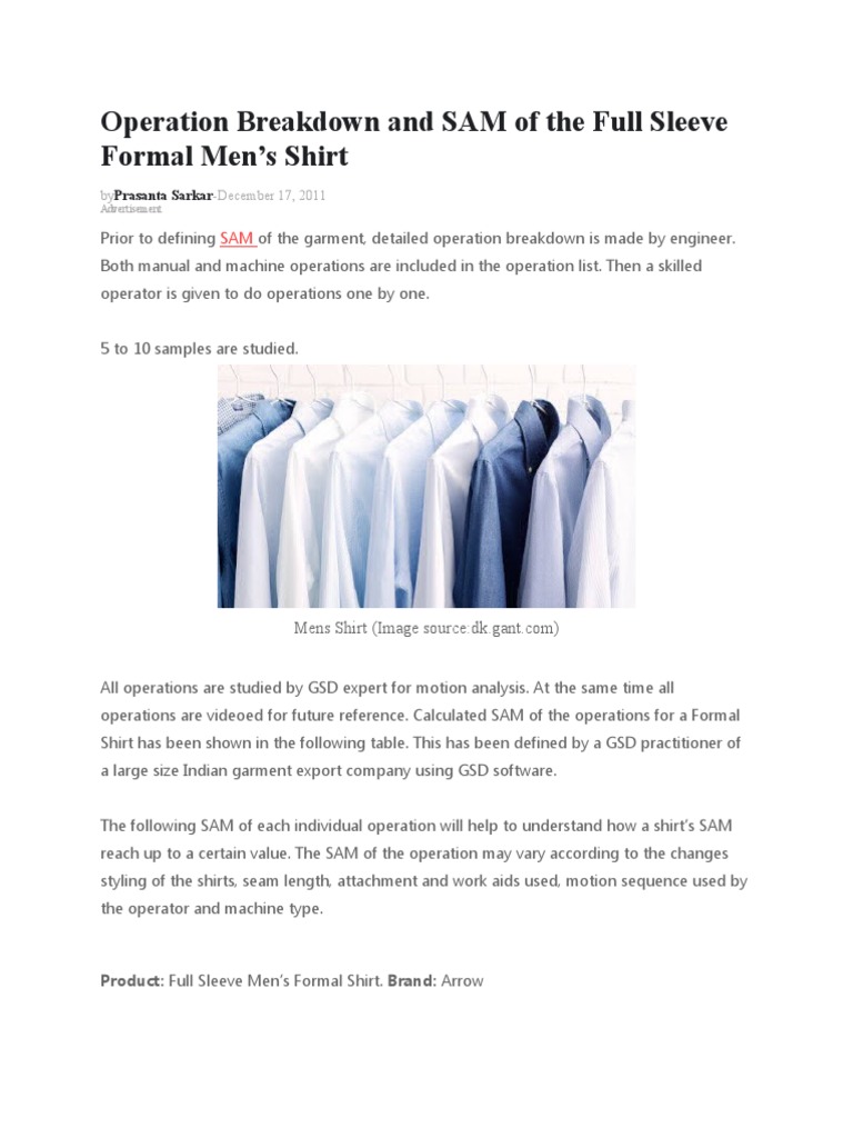 Operation Breakdown and SAM of The Full Sleeve Formal Men's Shirt | PDF ...