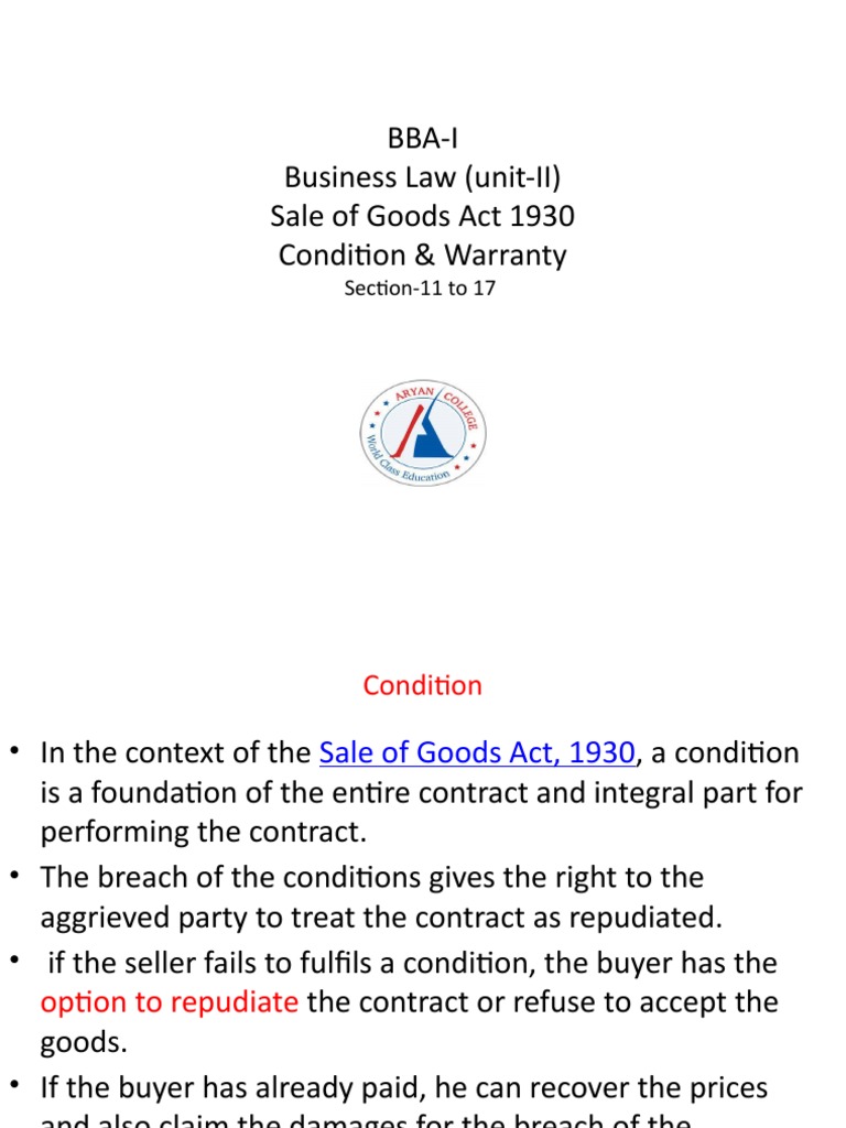 BbaI Business Law (unitII) Sale of Goods Act 1930 Condition