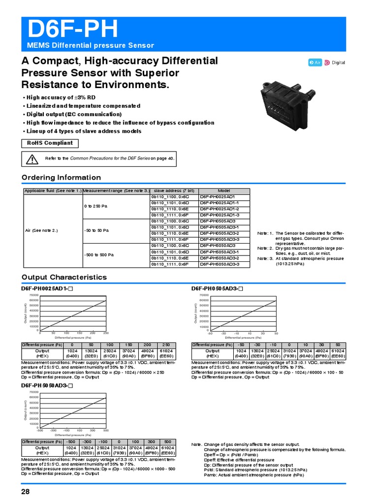D6FPH MEMS Differential Pressure Sensor Specification Sheet Compact