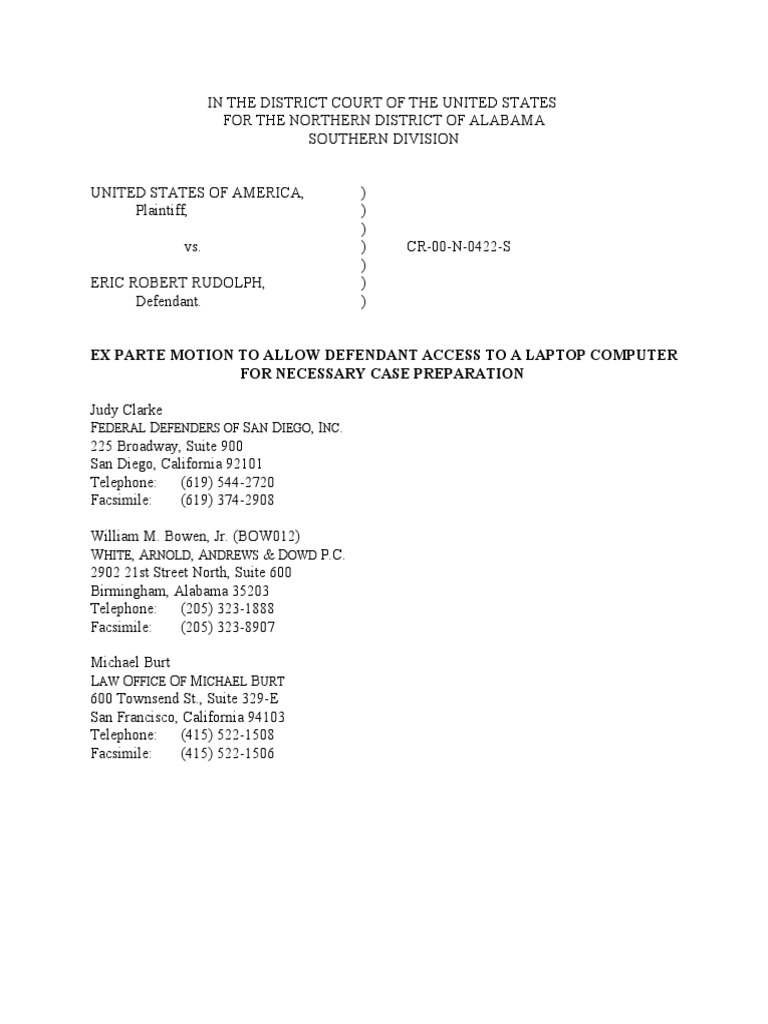 Ex Parte Motion To Allow Defendant Access To A Laptop Computer For