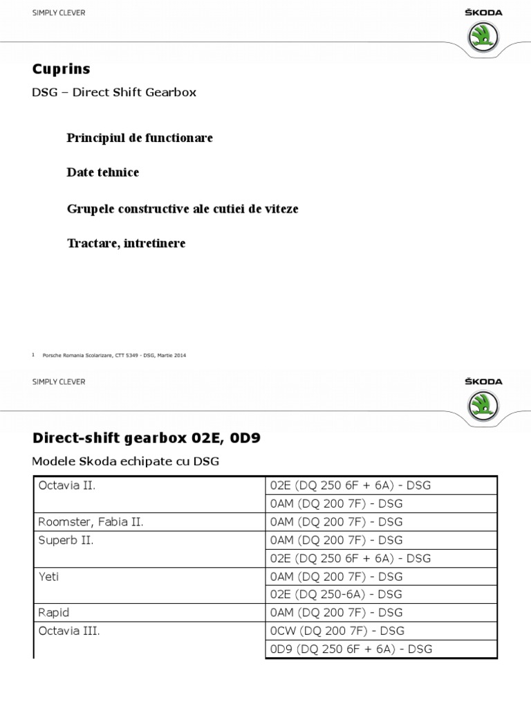 Cuprins: DSG - Direct Shift Gearbox | PDF