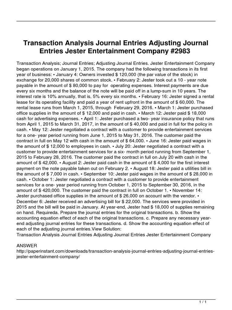 Transaction Analysis Journal Entries Adjusting Journal Entries Jester ...