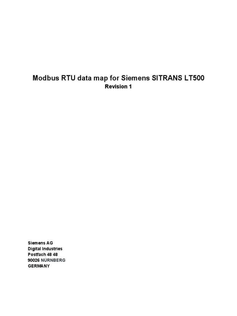 Modbus RTU Data Map For Siemens SITRANS LT500 Revision 1 PDF