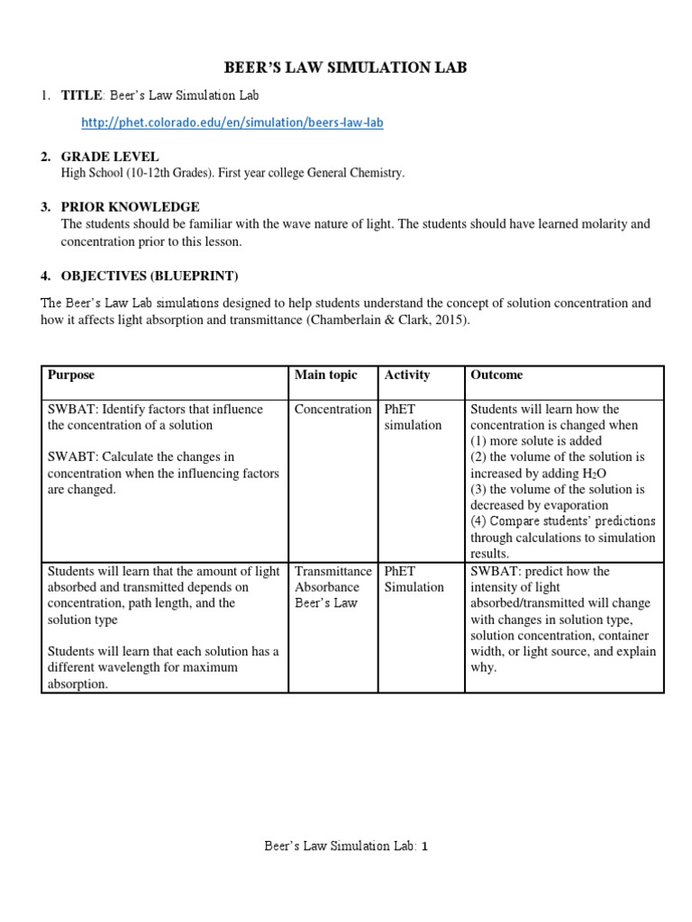 Beer'S Law Simulation Lab 2. Grade Level PDF Absorbance