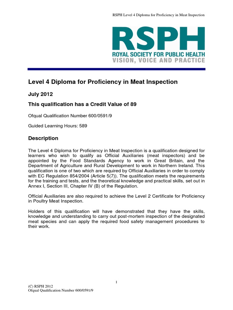 RSPH Level 4 Meat Inspection Diploma | PDF | Animal Slaughter | Food Safety