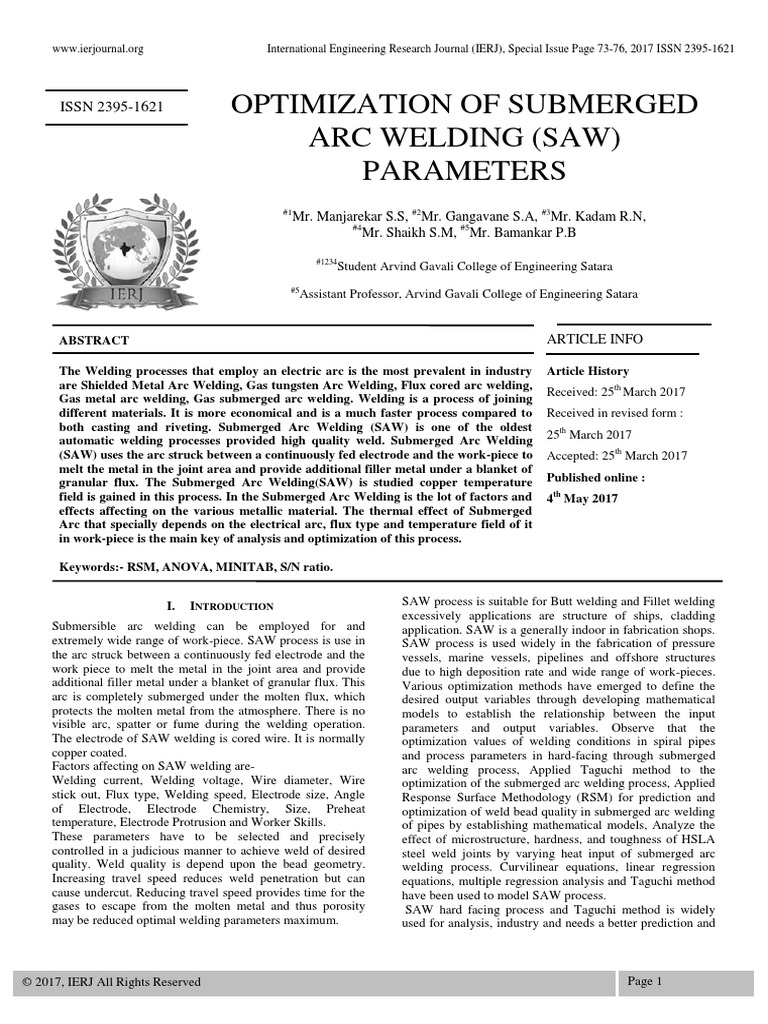 Optimization of Submerged Arc Welding | PDF | Welding | Construction