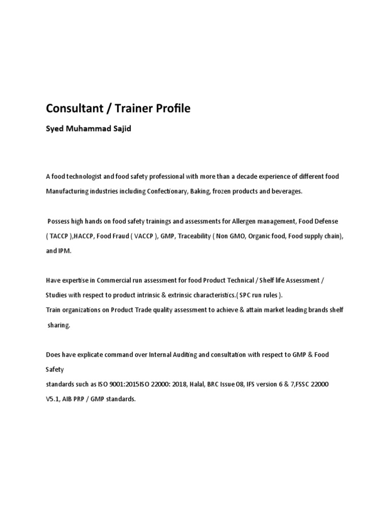 Food Safety Consultant Profile | PDF | Business | Wellness