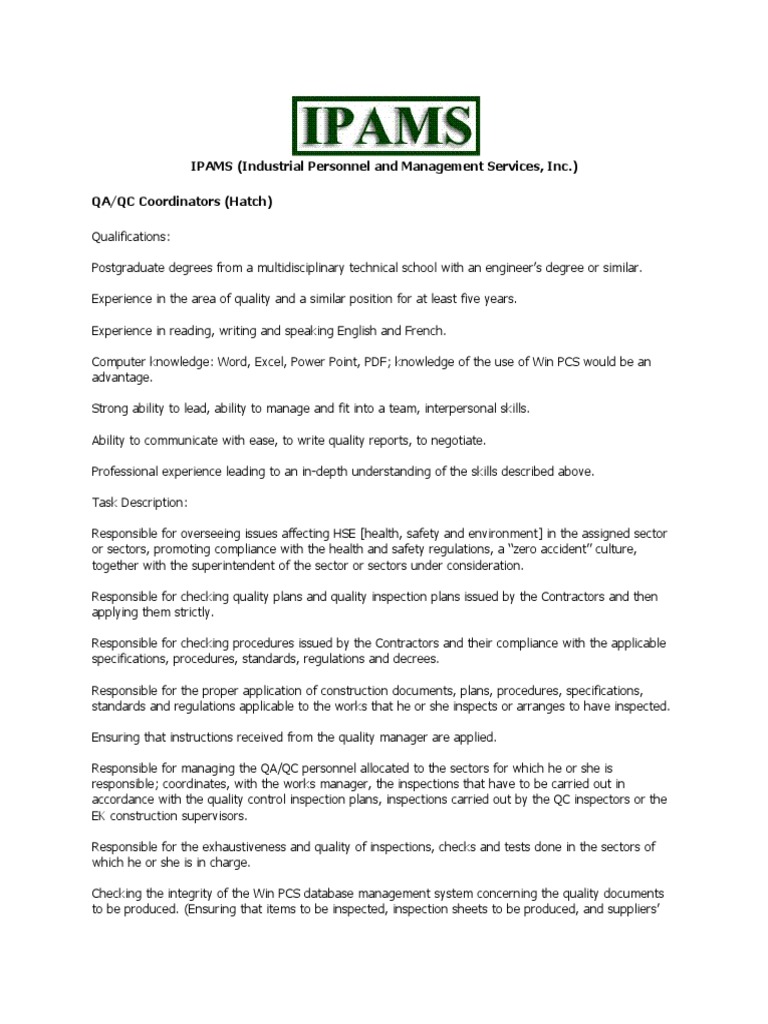 Qaqc Coordinators Job Description PDF Quality Assurance