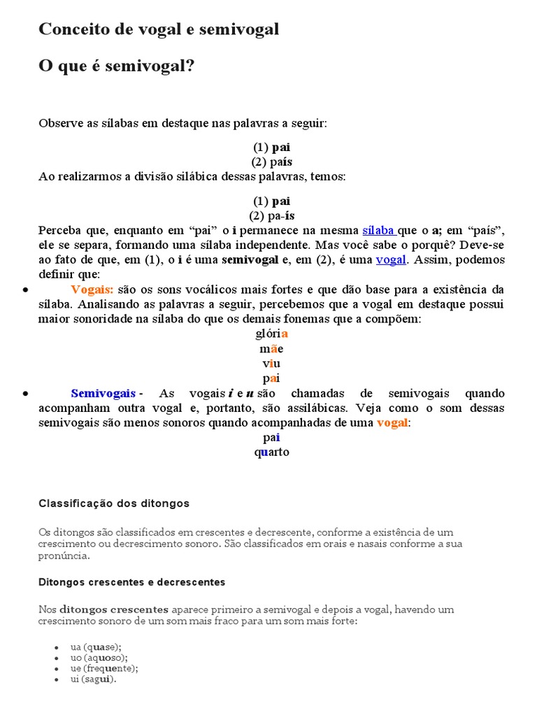 Vogais e Semivogais: Conceitos e Exemplos | PDF | Vogal | Sílaba