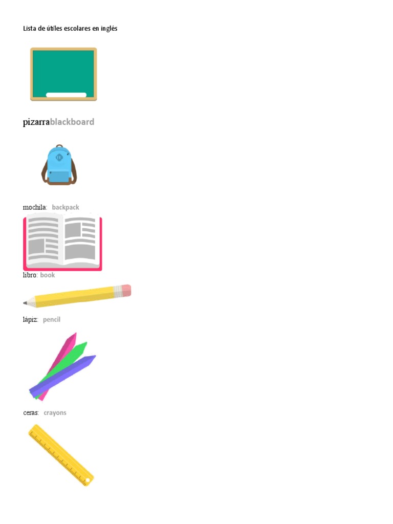 Lista de útiles escolares en inglés | PDF | Hogar, jardinería y bricolaje