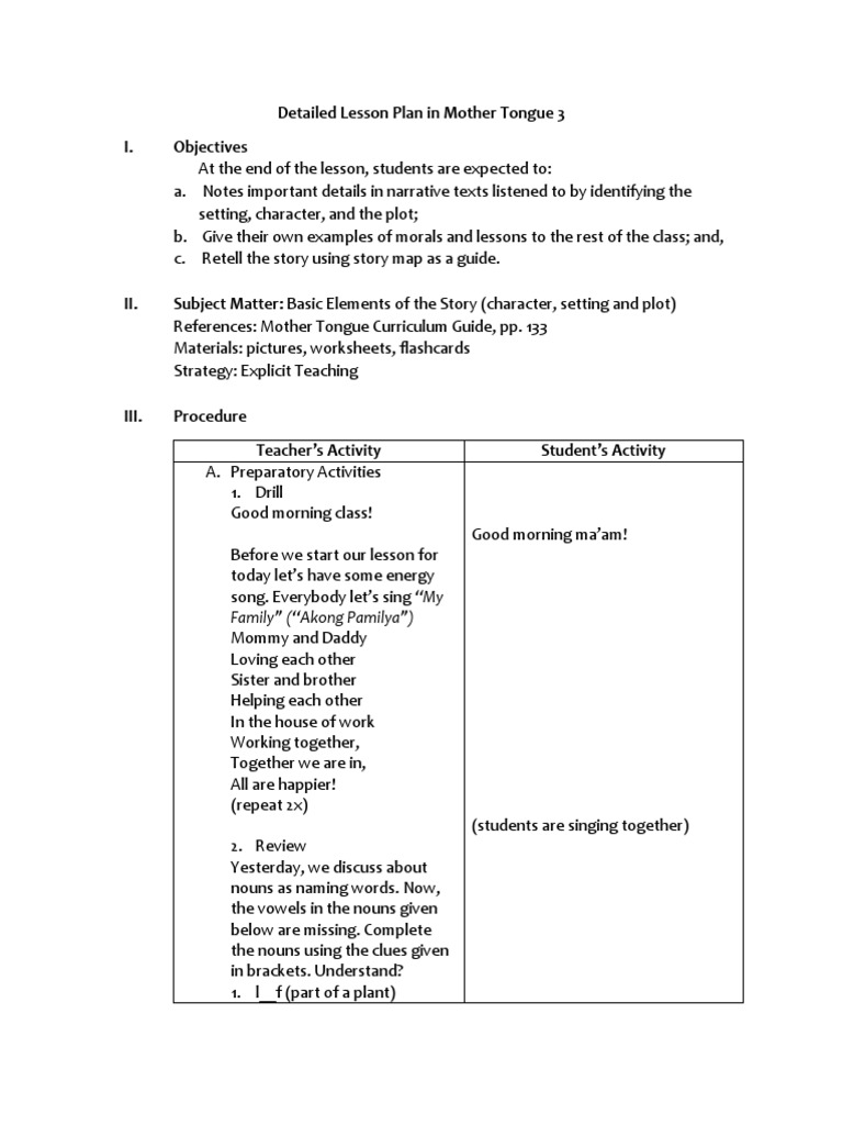 Mother Tongue Lesson Plan PDF Lesson Plan Foods