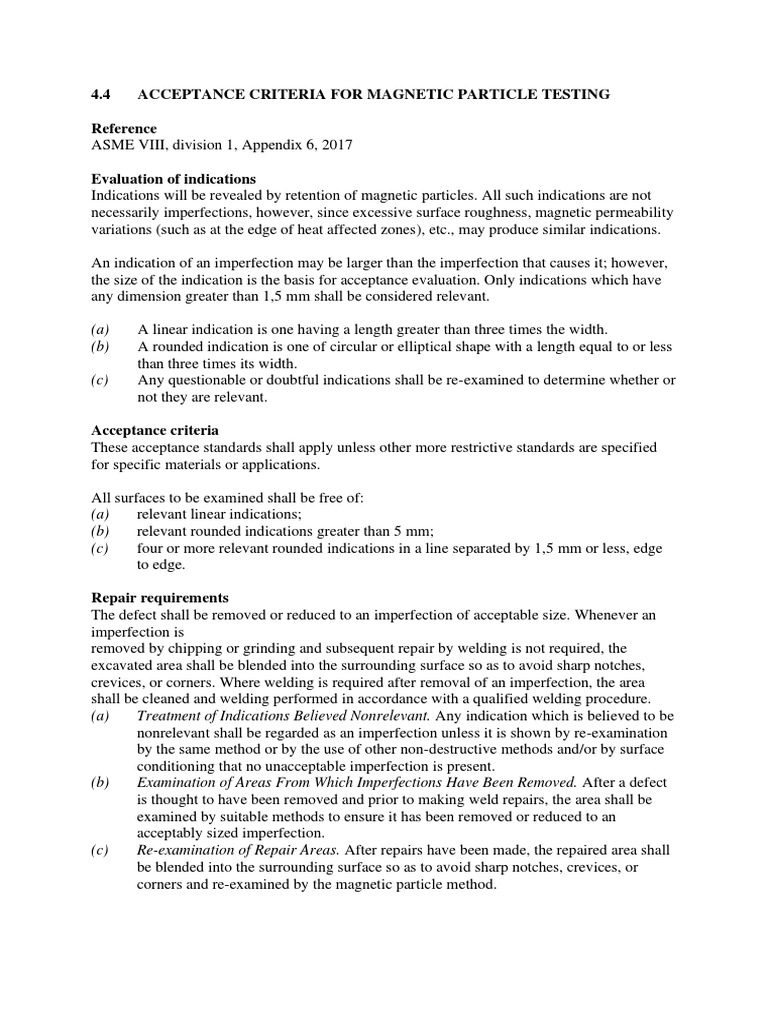 Acceptance Criteria MT Asme 2018 PDF Nondestructive Testing Welding