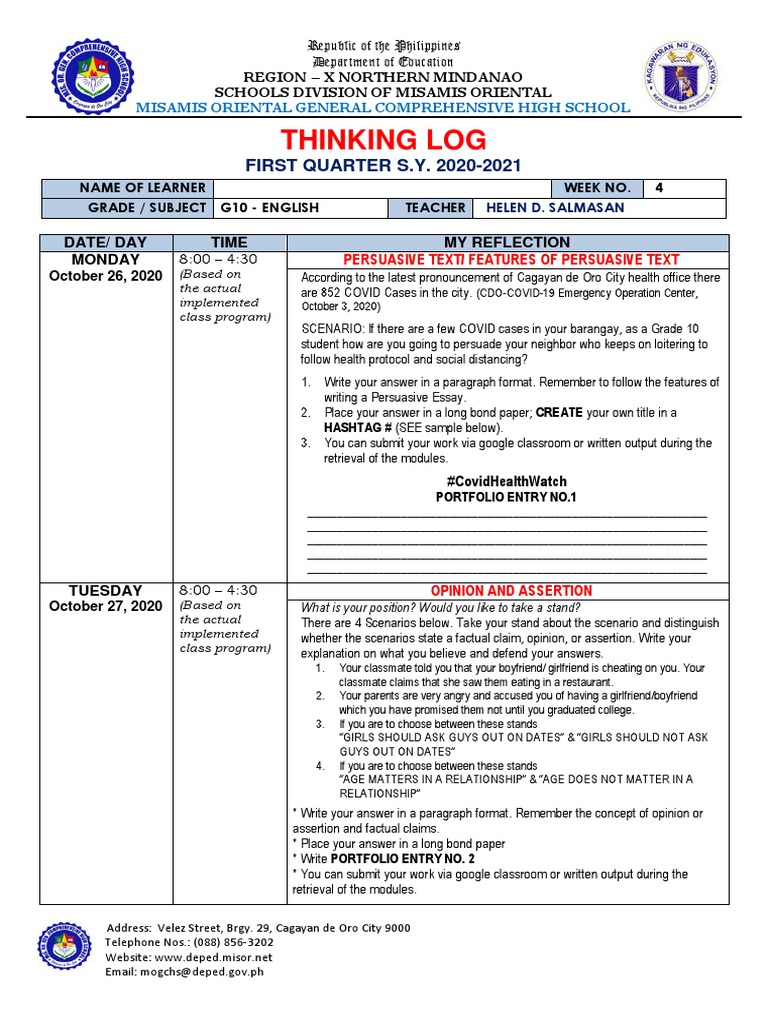 GRADE 10 Thinking Log First Quarter | PDF | Cognition | Communication