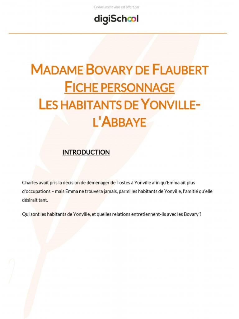 Yonville L Abbaye A Pris Sa Place Bac Fiche Personage Les Habitants Litterature Term L | PDF | Madame Bovary  | Emma (Roman)