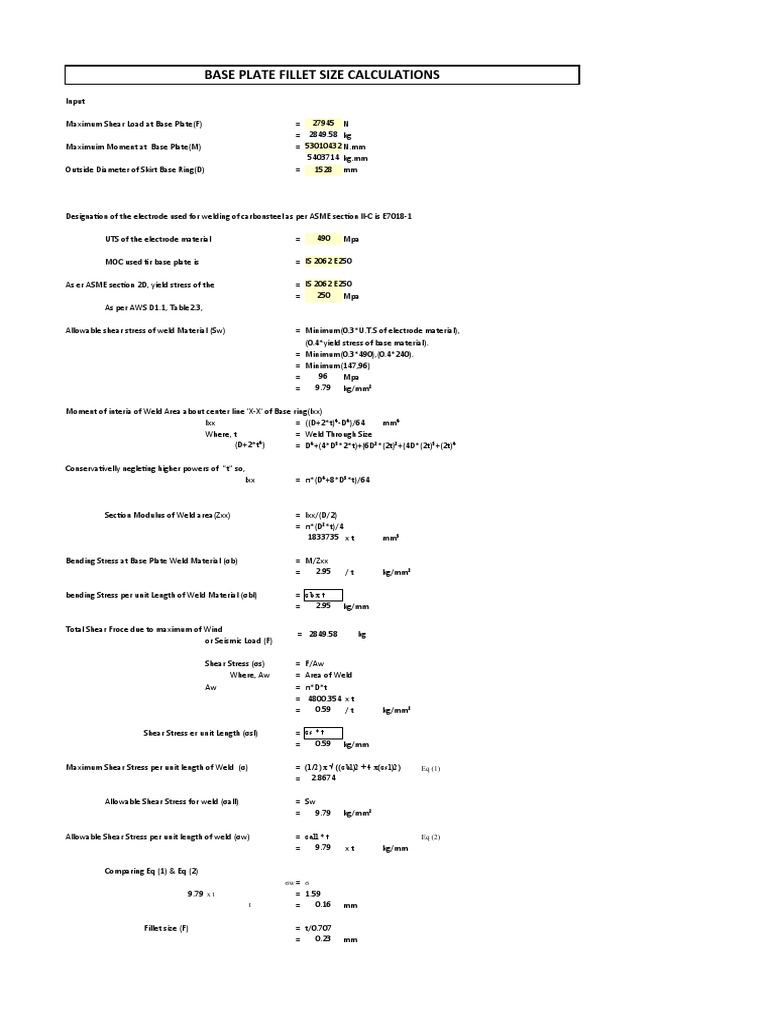 Base Plate Fillet Size Calculations | PDF | Bending | Stress (Mechanics)