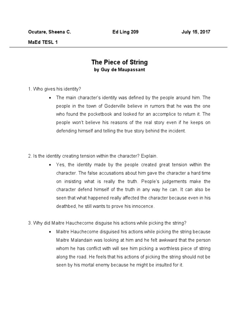The Piece of String - Answers To Guide Questions | PDF