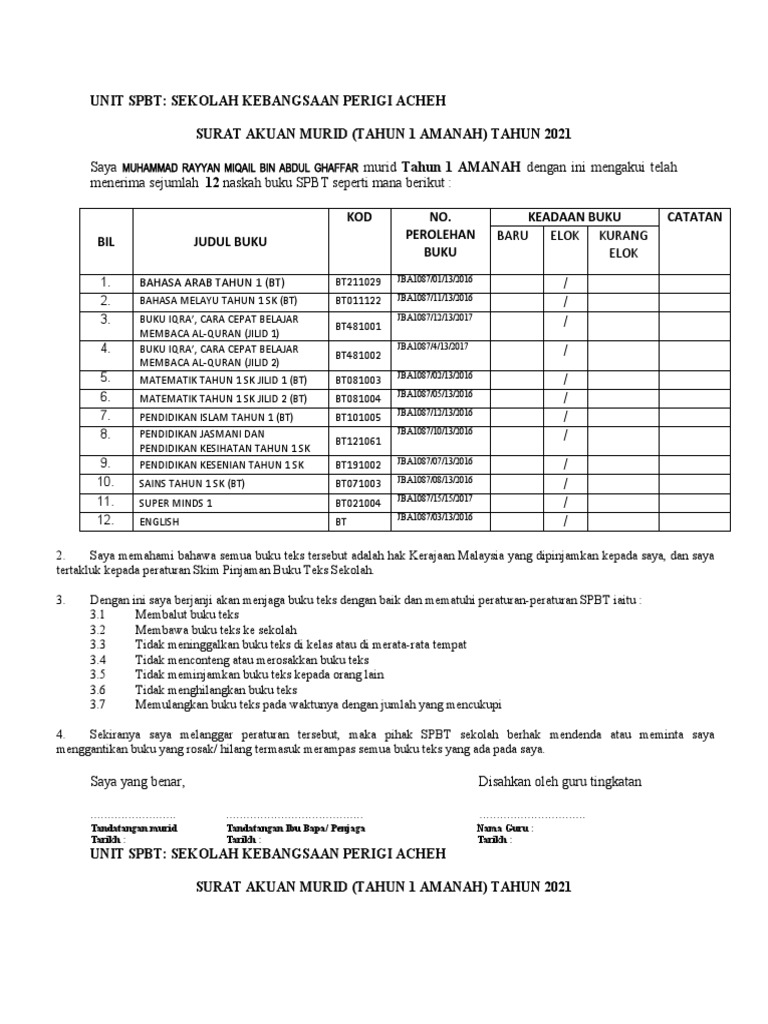 Borang Aku Janji Tahun 1 2021 Pdf