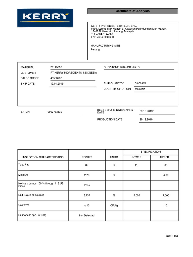Certificate Of Analysis Pdf Specification Technical Standard Business