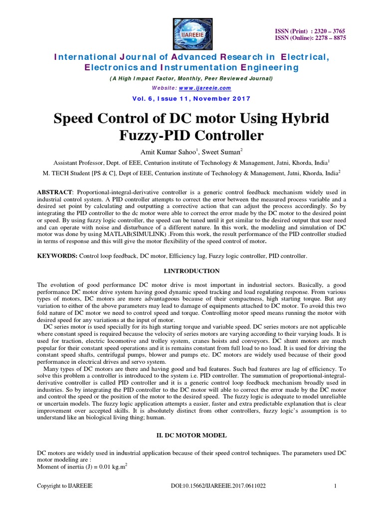 Speed Control of DC Motor Using Hybrid Fuzzy-PID Controller | PDF ...