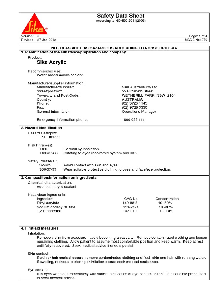 Sika Acrylic Safety Data Sheet | PDF | Dangerous Goods | Toxicity