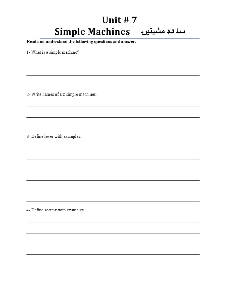 Unit 7 Simple Machines ںینیشم ہد اس Read and understand the