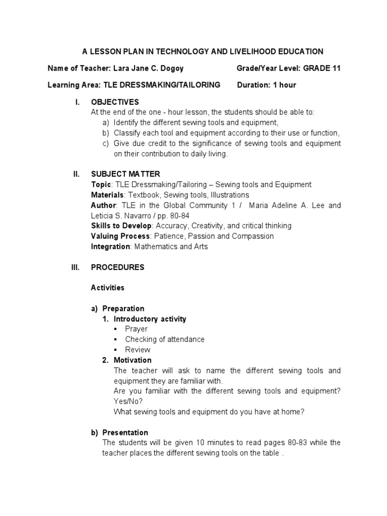 Lesson Plan For Demo Teaching PDF Sewing Lesson Plan