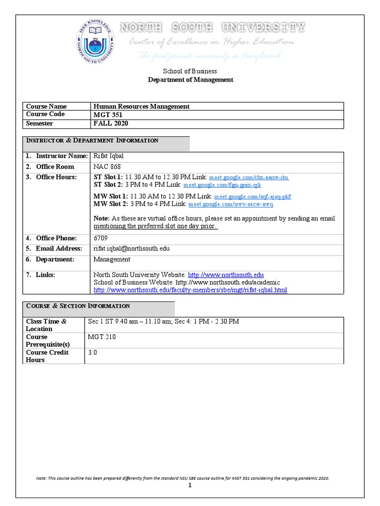 HRM Course Outline - Fall 2020 | PDF | Test (Assessment) | Lecture