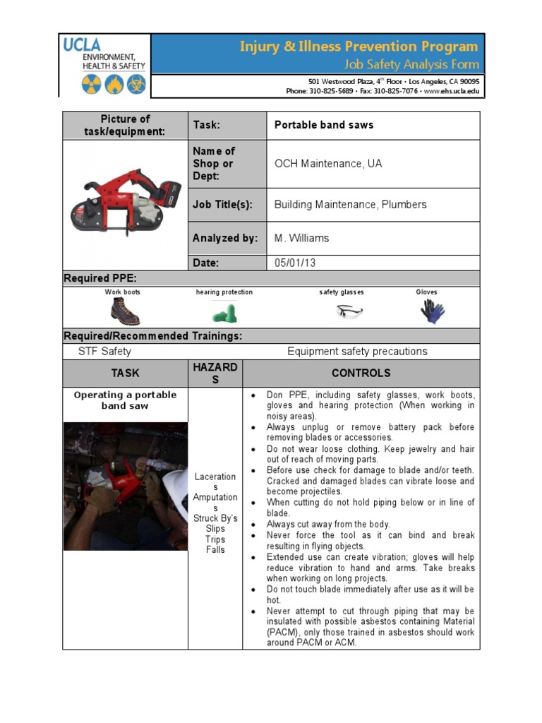 Portable Band Saw Safety Job Analysis for Building Maintenance Tasks at