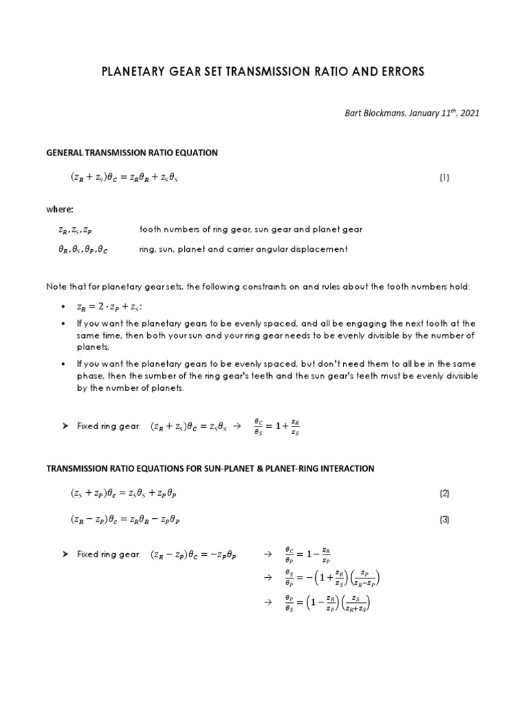 Planetary Gear Transmission Equations | PDF | Gear | Classical Mechanics