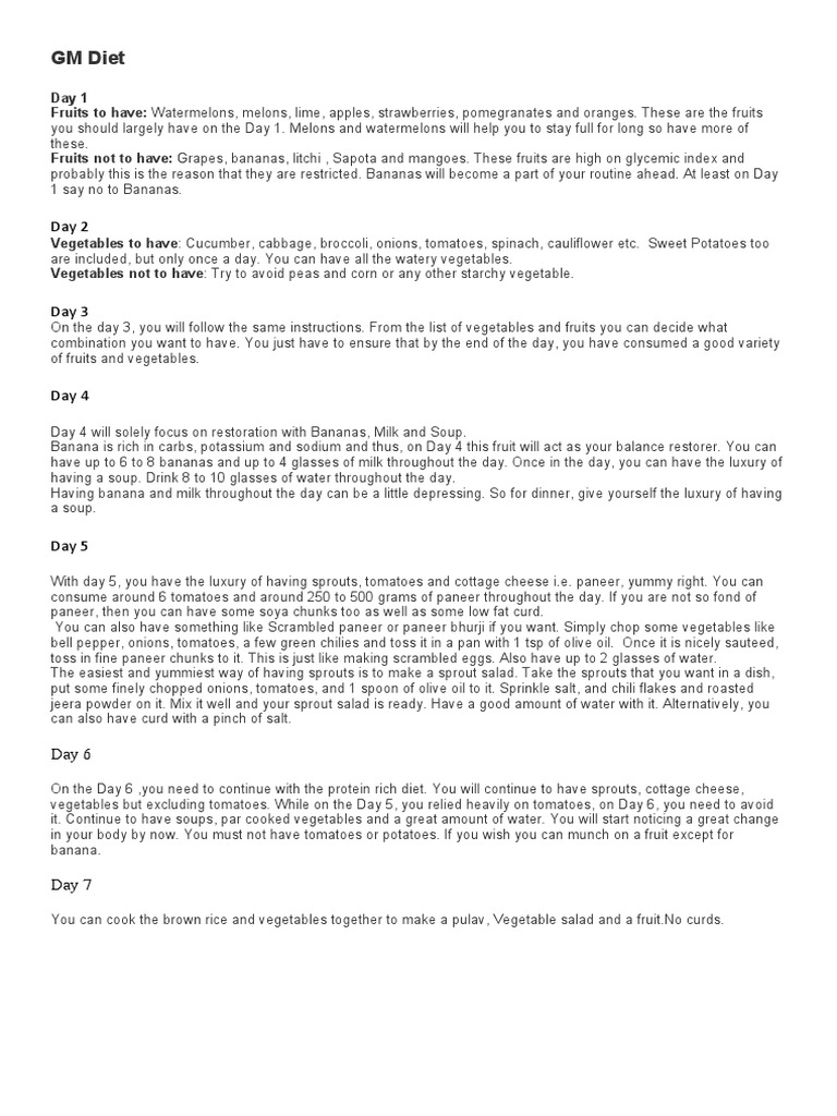 GM Diet Vegetarian PDF Vegetables Fruit