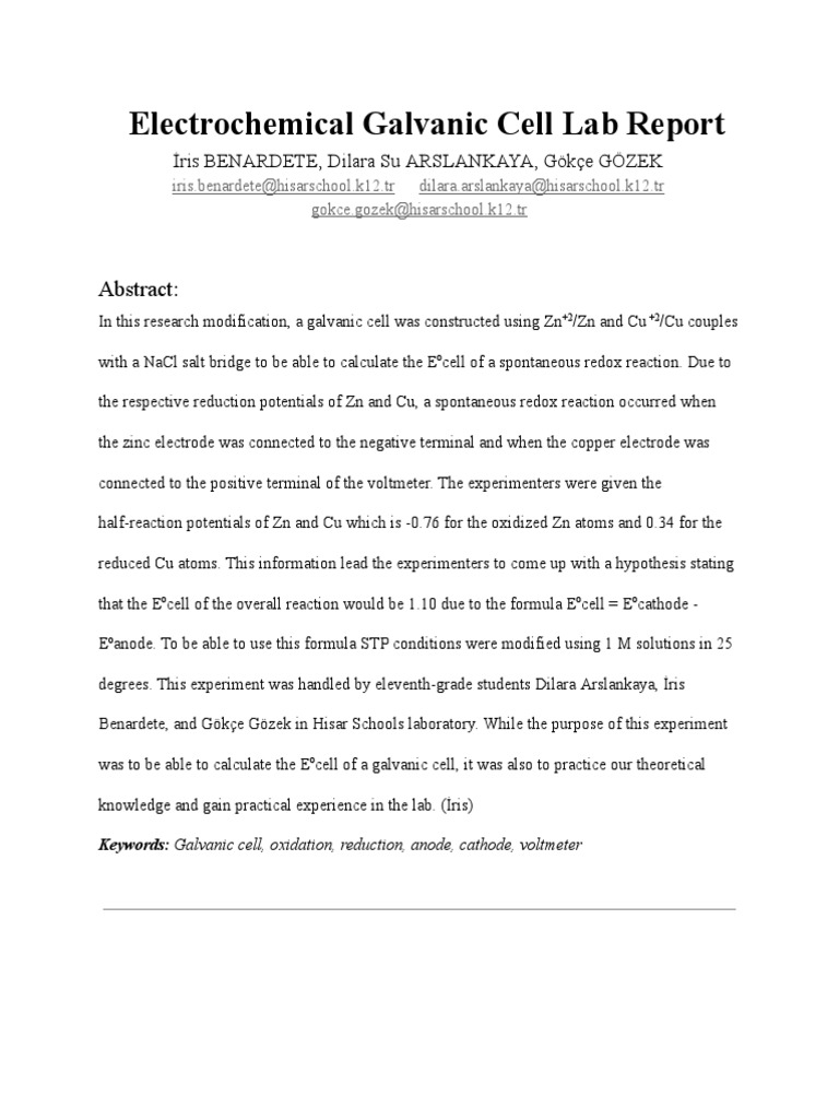 AP Chem Lab Report - Galvanic Cell | PDF | Redox | Electrochemistry
