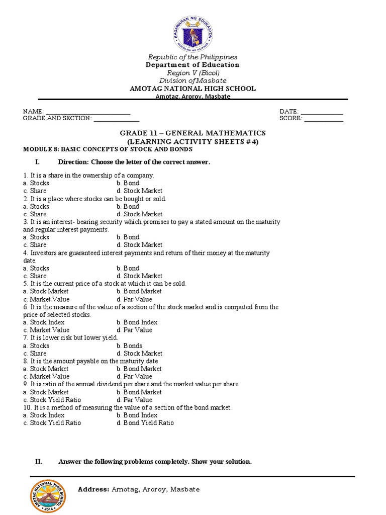 Grade 11 General Math: Stocks & Bonds | PDF | Bonds (Finance) | Yield ...