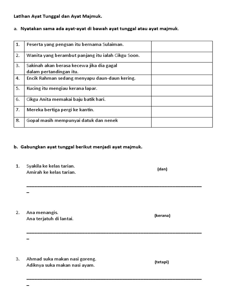 Latihan Ayat Tunggal Dan Ayat Majmuk Tahun 3 20jan2021 Pdf