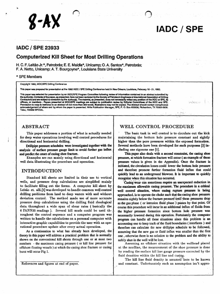 Iadc/ Spe Iadc SPE 23933 Computerized Kill Sheet For Most Drilling