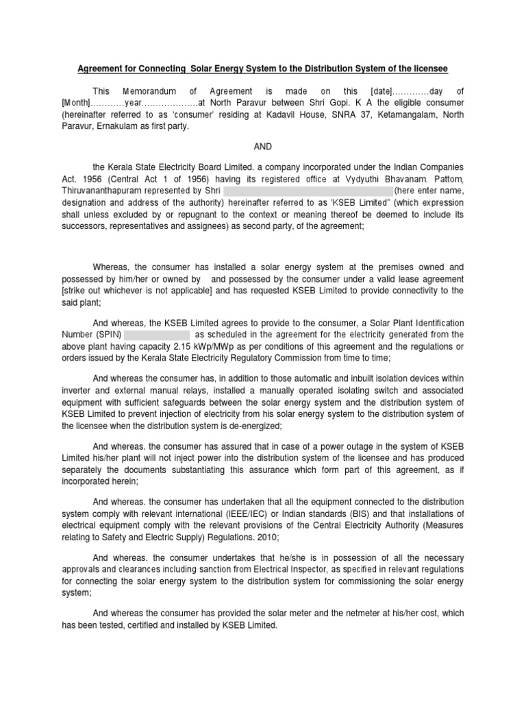 Solar Energy System Connection Agreement | PDF | Electrical Grid ...
