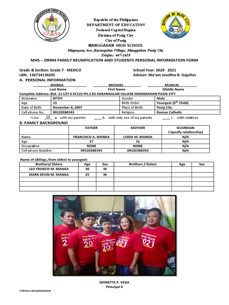 Mhs - DRRM Family Reunification and Students Personal Information Form ...