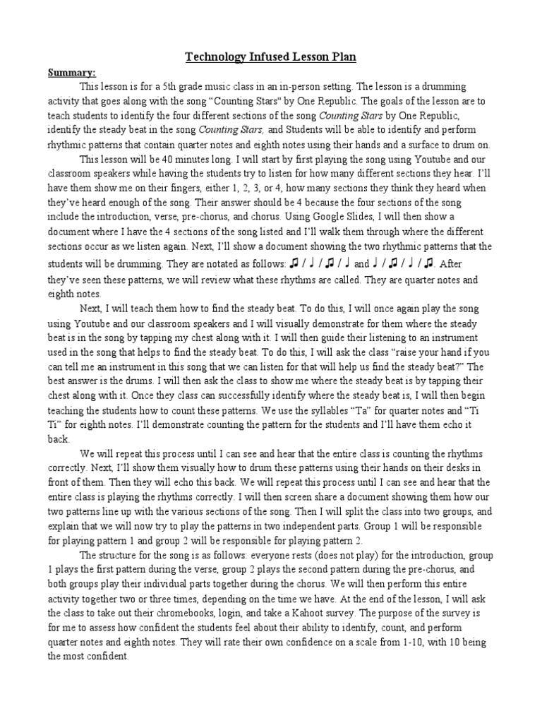 Technology Infused Lesson Plan Pdf Educational Assessment Rhythm