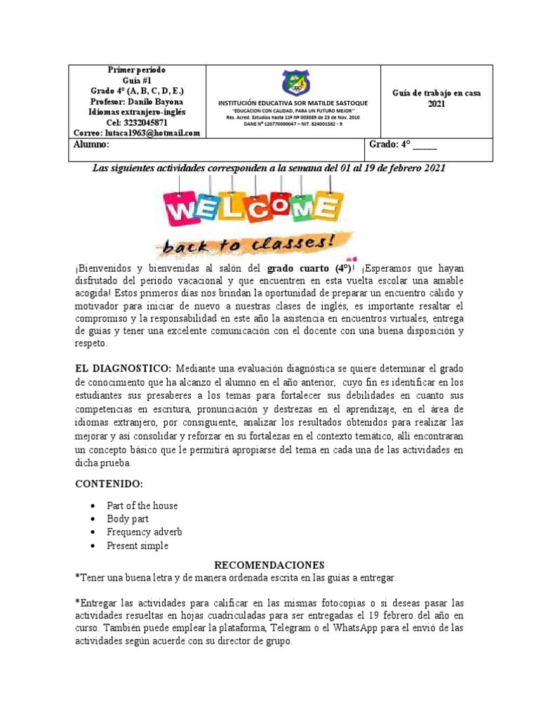 Guía de Inglés Primer Periodo 1 Semana | PDF | Verbo | Evaluación