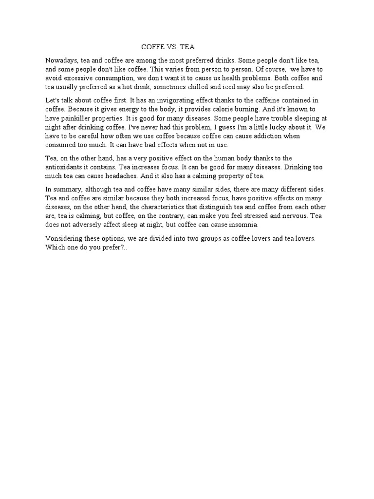 Coffee Vs Tea Compare Contrast PDF