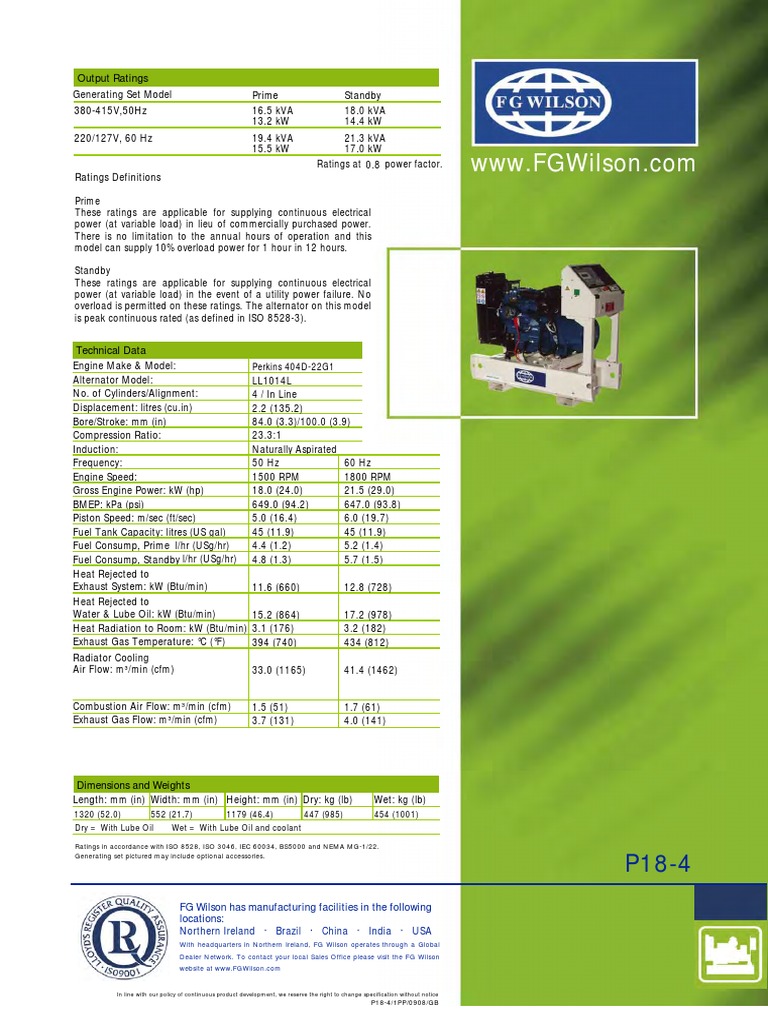 FG Wilson P110E Generator Specs | PDF | Engines | Horsepower