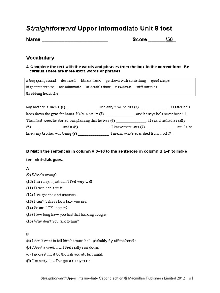 Straightforward Upper Intermediate Unit 8 Test: Name - Score - /50 | PDF