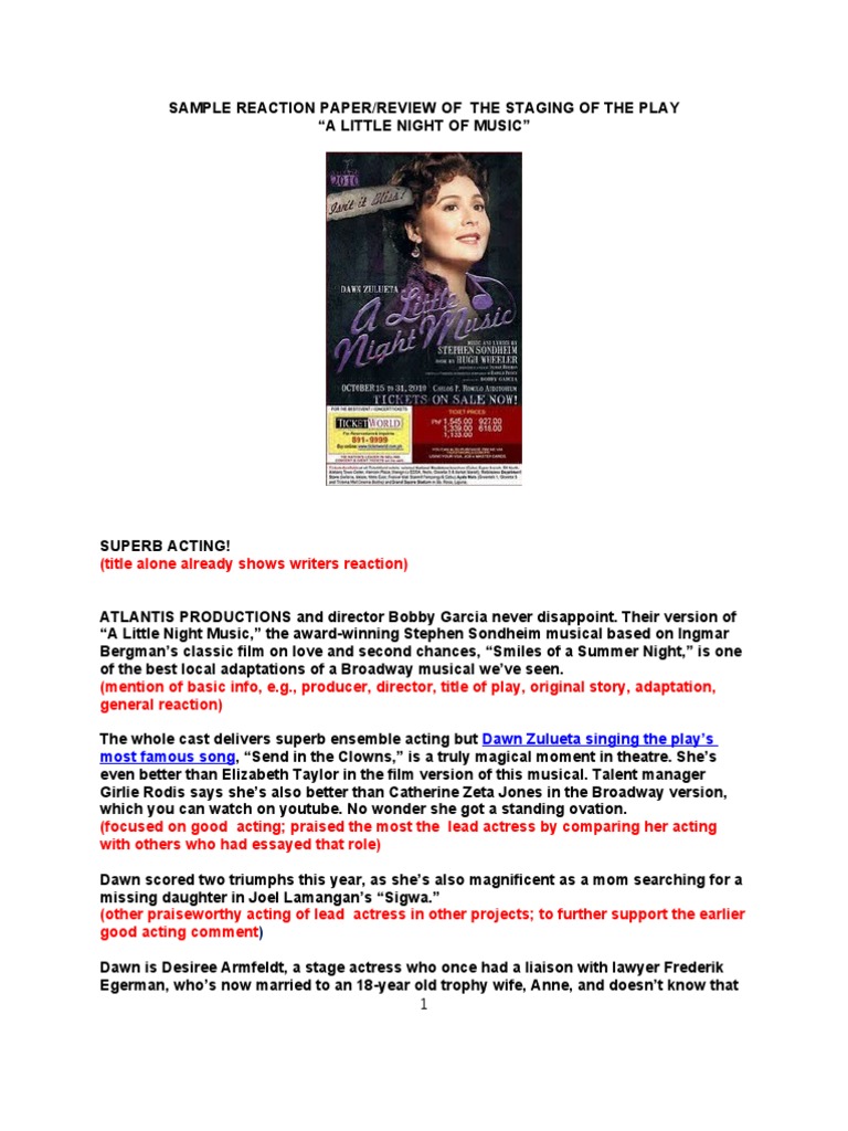 Sample Reaction Paper of A Play Performing Arts Performing Arts